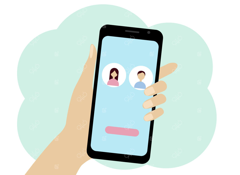 طرح وکتور دست و موبایل با آیکون دختر و پسر؛ چت یا تماس آنلاین