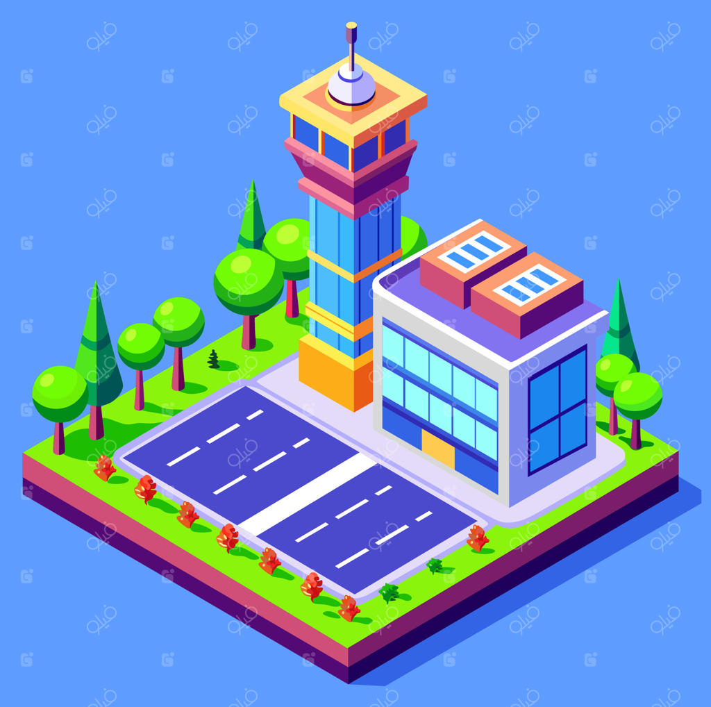 وکتور منظره شهری سه بعدی به سبک ایزومتریک با نمای بالای خانه و درختان خیابان