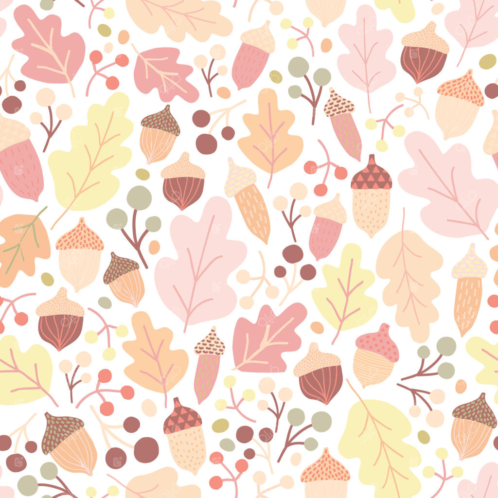 طرح پاییزی با برگ‌های بلوط افتاده، بلوط و توت روی زمینه سفید. پس‌زمینه‌ای فصلی. تصویر رنگارنگ به سبک ساده برای کاغذ کادو، چاپ پارچه و کاغذ دیواری.