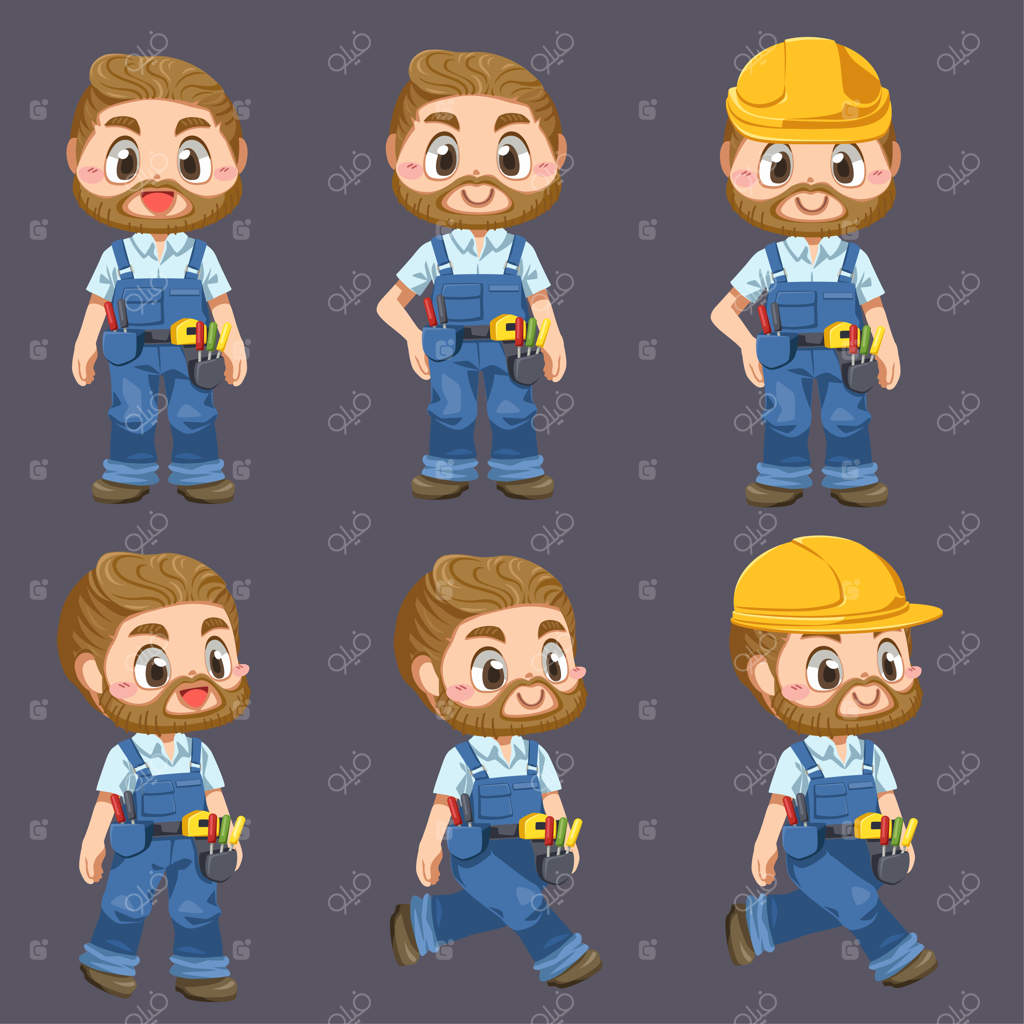 کارگر با لباس فرم و کلاه ایمنی همراه با ابزار در بسته‌بندی به سبک کاراکتر کارتونی، تصویر تخت و مجزا