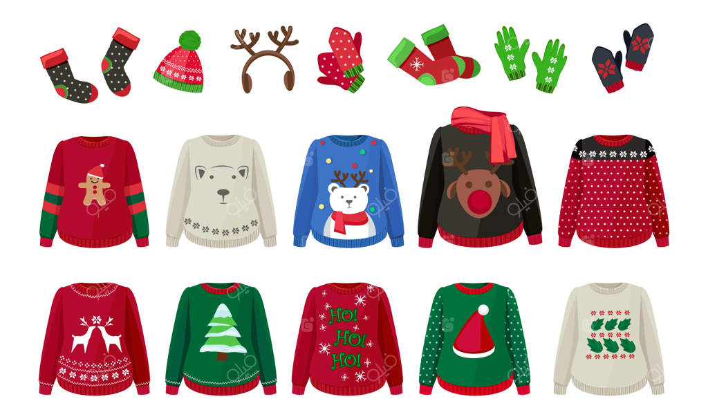 لباس زمستانی: پلیورهای زشت، کلاه، دستکش و جوراب. پوشاک و اکسسوری‌های بامزه و گرم برای کریسمس. پلیور کریسمس، دستکش‌های زمستانی و لباس‌ها