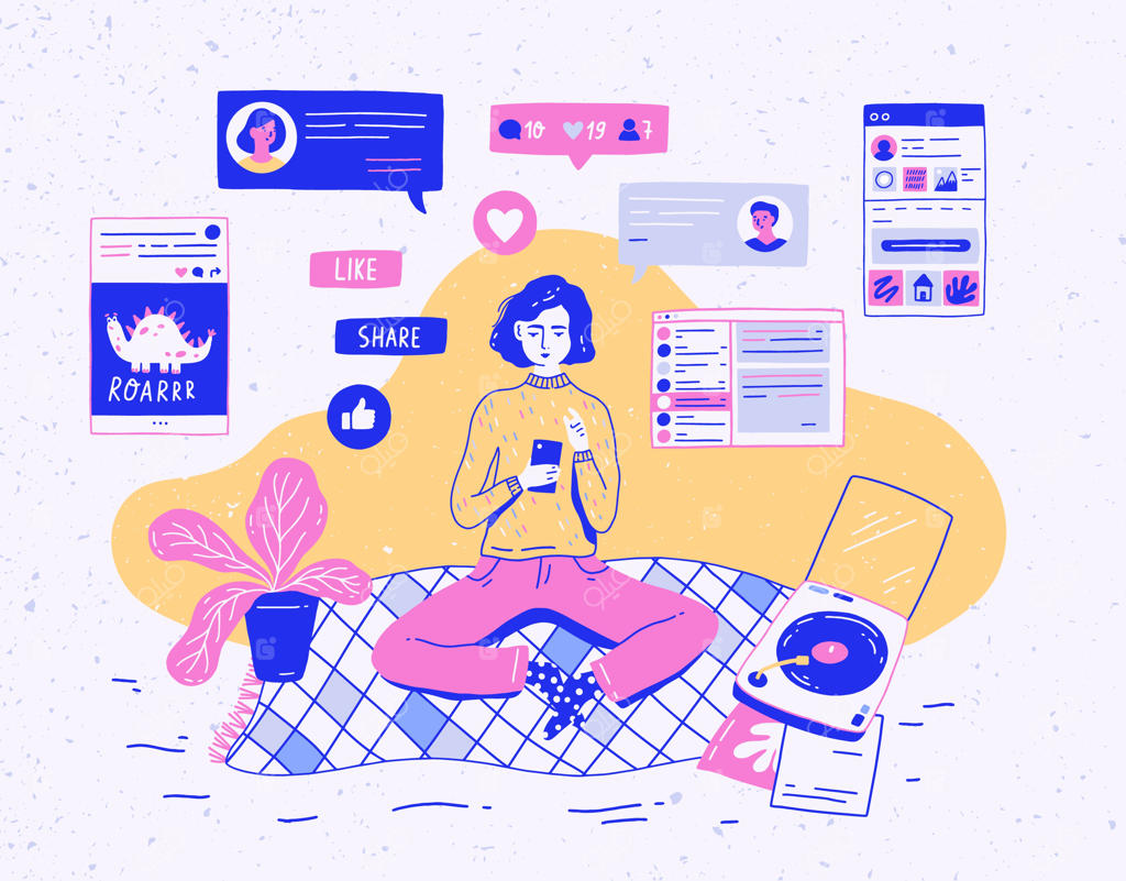 دختری در خانه نشسته، با گوشی موبایل در حال چت یا دریافت نظرات در شبکه‌های اجتماعی