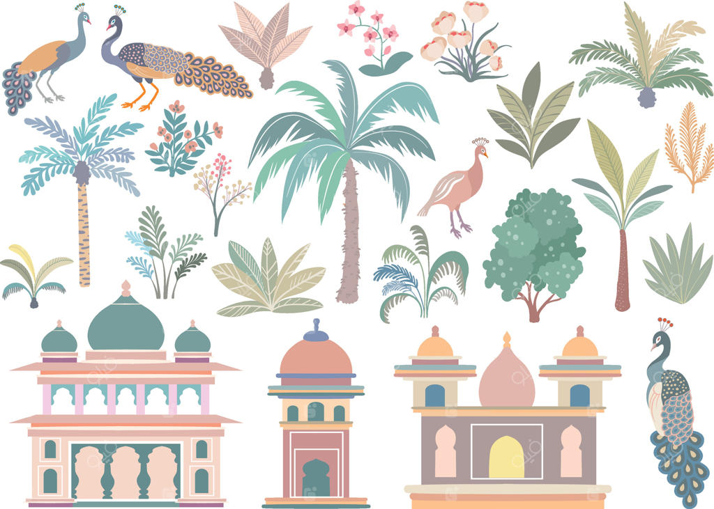 عناصر طراحی باغ‌های هندی، درختان باغ، نخل‌ها، طاووس‌ها، طاق‌های معماری و کاخ‌ها