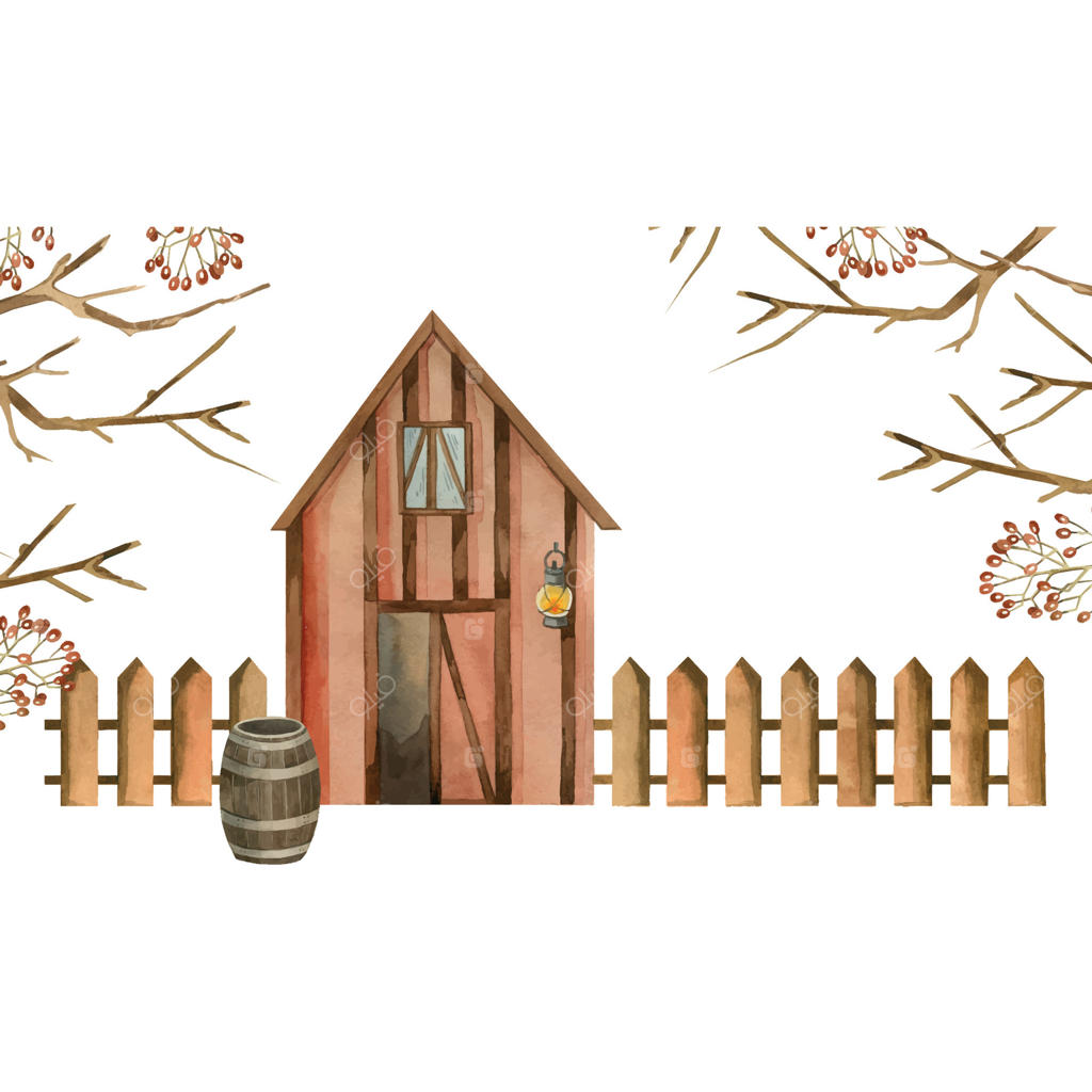 مزرعه، انبار یا طویله با دری شبیه به کارت پستال و فانوس، نرده‌کشی شده و باغی با درختان بی‌برگ. همه اجزا با آبرنگ و به صورت دستی نقاشی شده‌اند. تصویرسازی آبرنگی برای چاپ روی کاغذ.