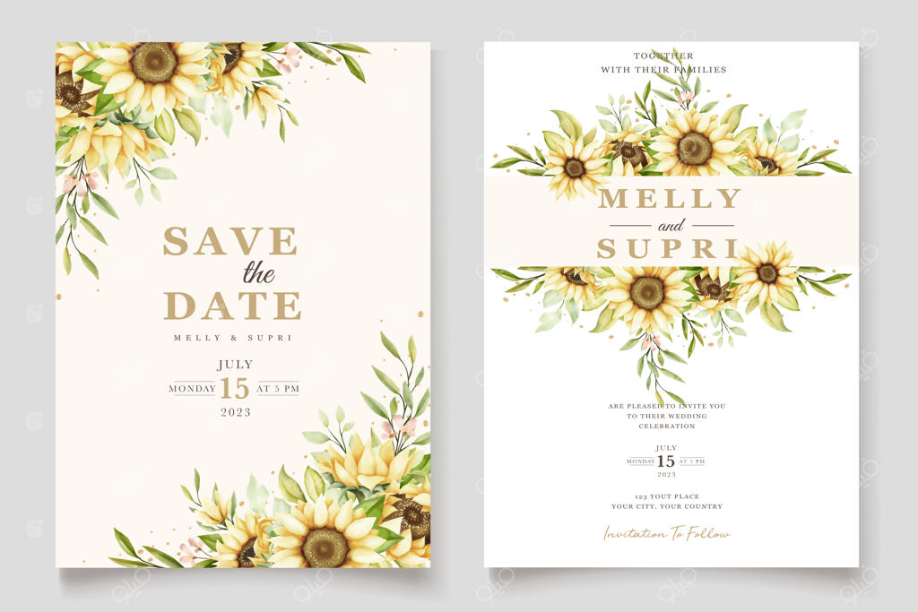 مجموعه کارت دعوت با طرح گل آفتابگردان آبرنگی