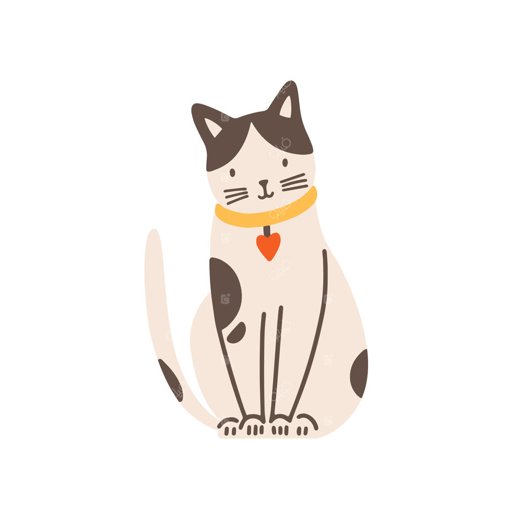 گربه خال‌خالی بامزه و دوست‌داشتنی در پس‌زمینه سفید؛ تصویرسازی وکتور رنگارنگ بچه گربه خانگی نشسته با قلاده به سبک کارتونی تخت