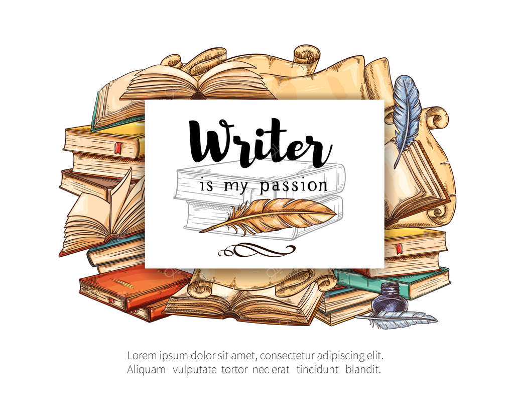 طرح مداد قدیمی: کتاب، قلم پر، طومار و مرکب