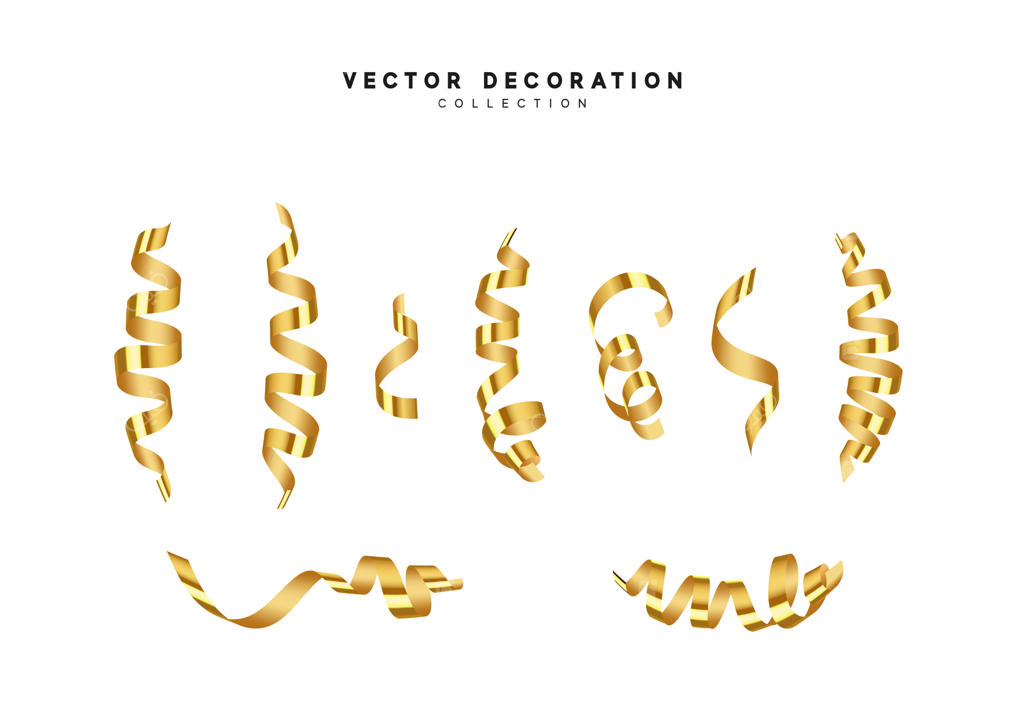 کنفتی طلایی، روبان‌های مارپیچ زرد. ایزوله شده بر روی زمینه سفید. تصویر برداری وکتور
