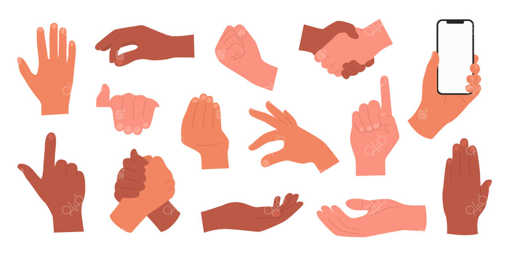 مجموعه ژست‌ها و حالات مختلف دست و انگشتان مردانه، جدا شده از پس‌زمینه