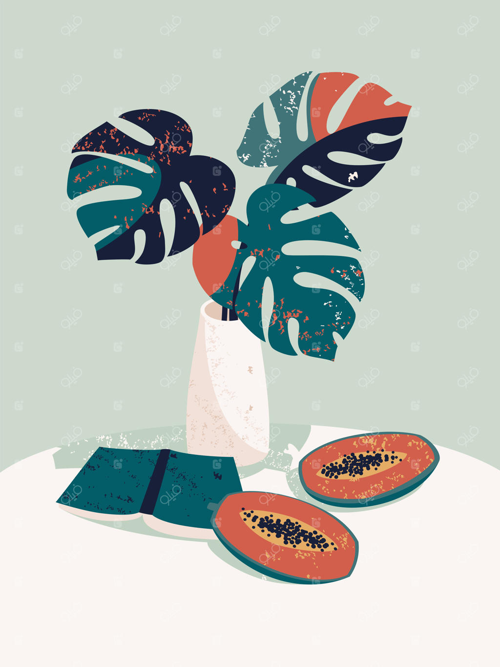 گلدان برگ‌های انجیری روی میز در کنار کتاب و پاپایا