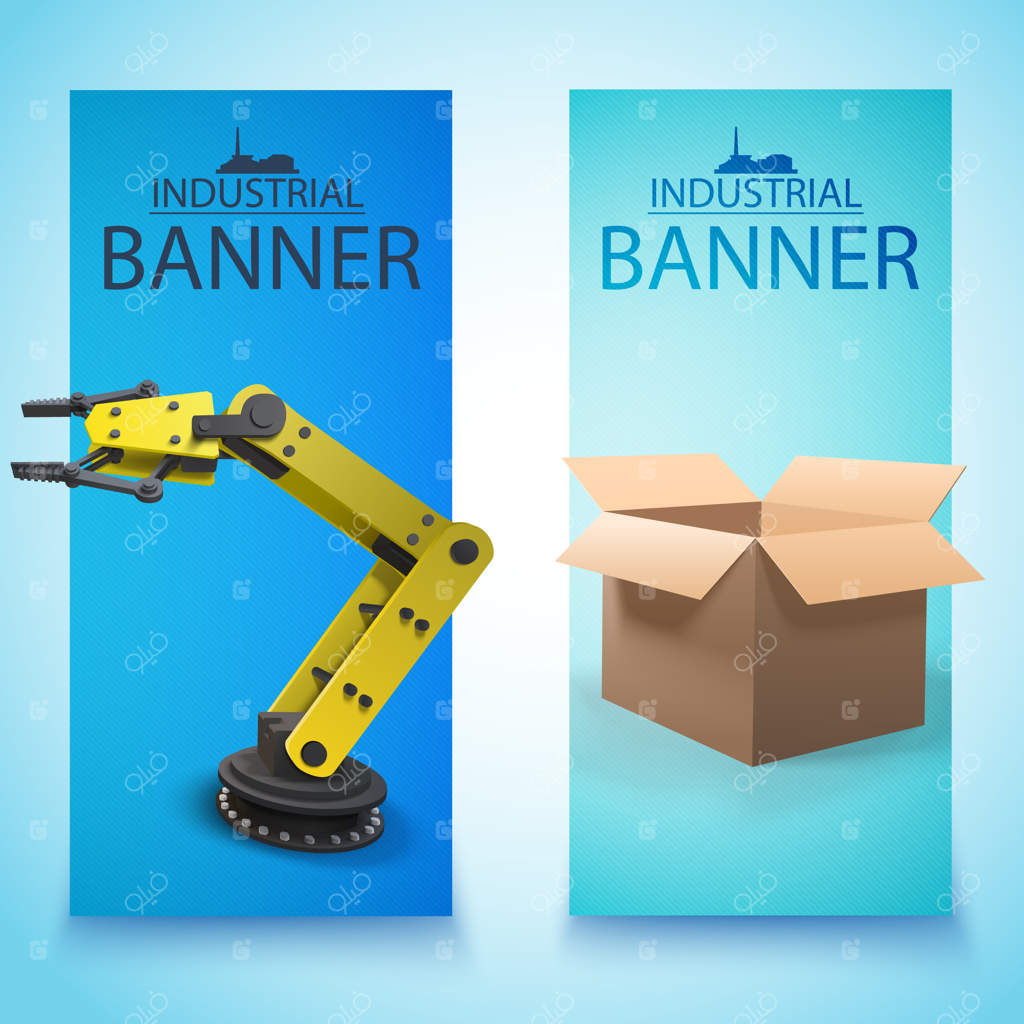 دو مجموعه بنر صنعتی باکس‌دار در کارخانه همراه با بازوی رباتیک زرد رنگ