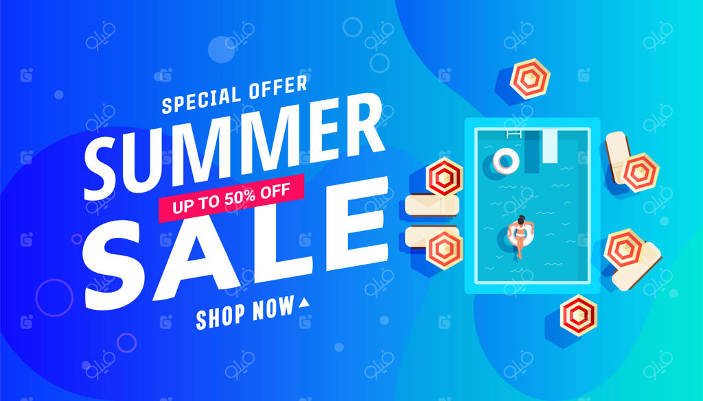 طراحی بنر حراج تابستانی با استخر، دختران، صندلی‌های راحتی و چتر آفتابی.