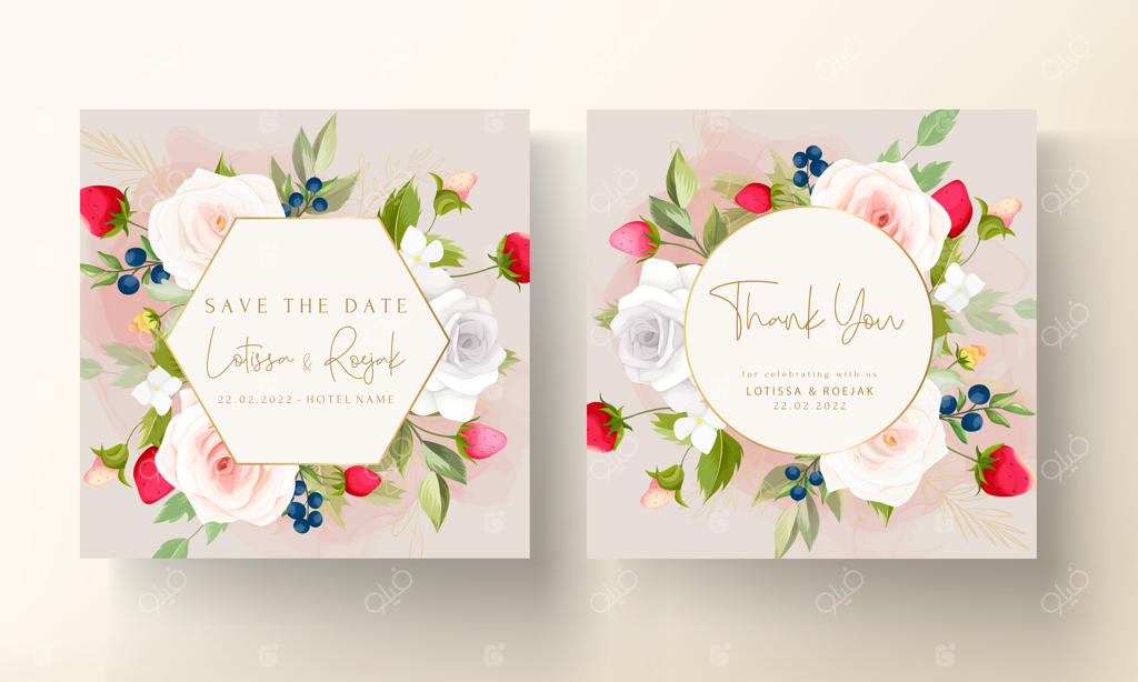 کارت دعوت عروسی زیبا با طراحی گل‌های رز و توت‌فرنگی