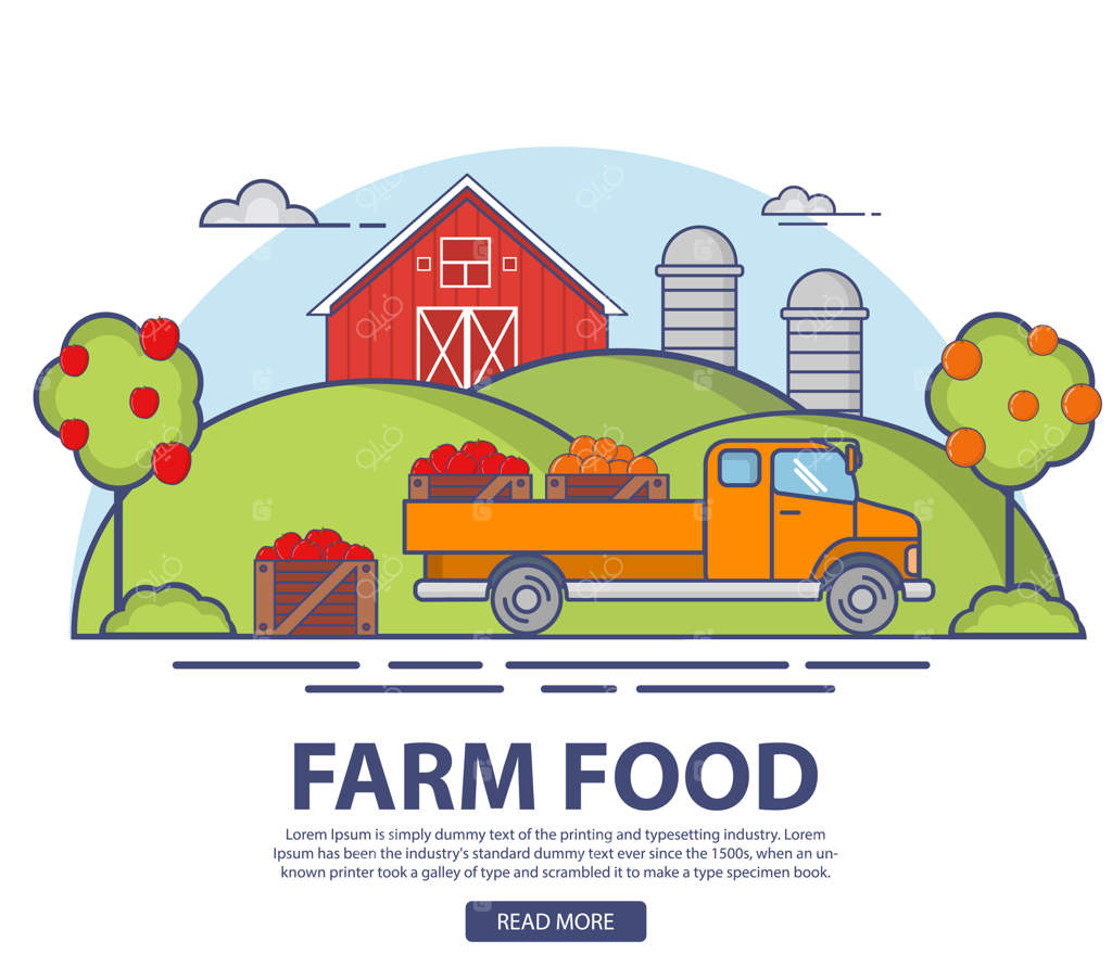 باغ میوه با درختان سیب و پرتقال و کامیون برداشت محصول