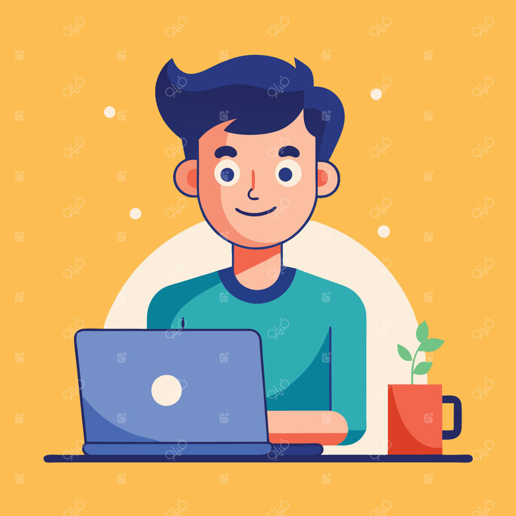 مرد کارتونی در حال کار پرشور با لپ‌تاپ و لذت بردن از قهوه