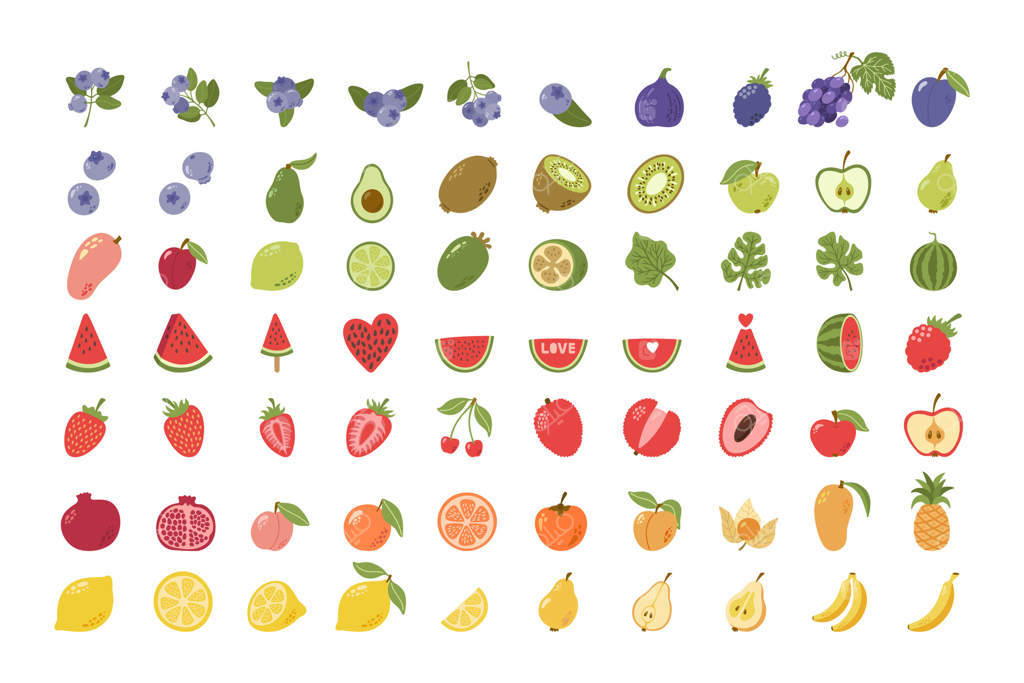 مجموعه میوه‌ها و توت‌های تابستانی، استوایی و باغی با برگ‌ها. طراحی دستی کارتونی.