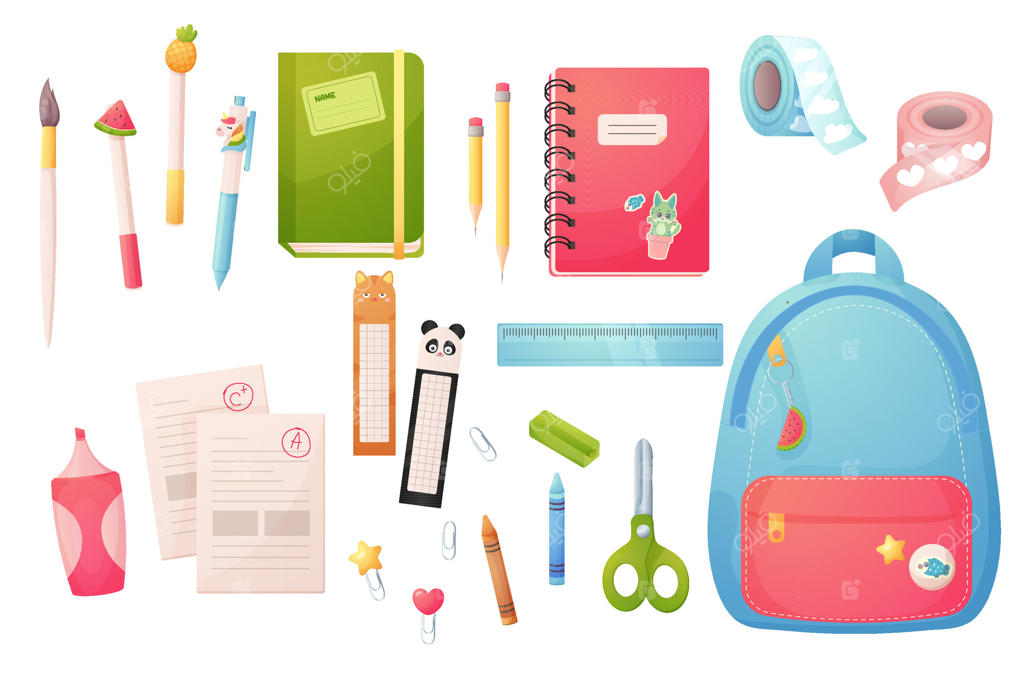 مجموعه‌ای از لوازم‌التحریر و نوشت‌افزار. کارتونی. بازگشت به مدرسه.