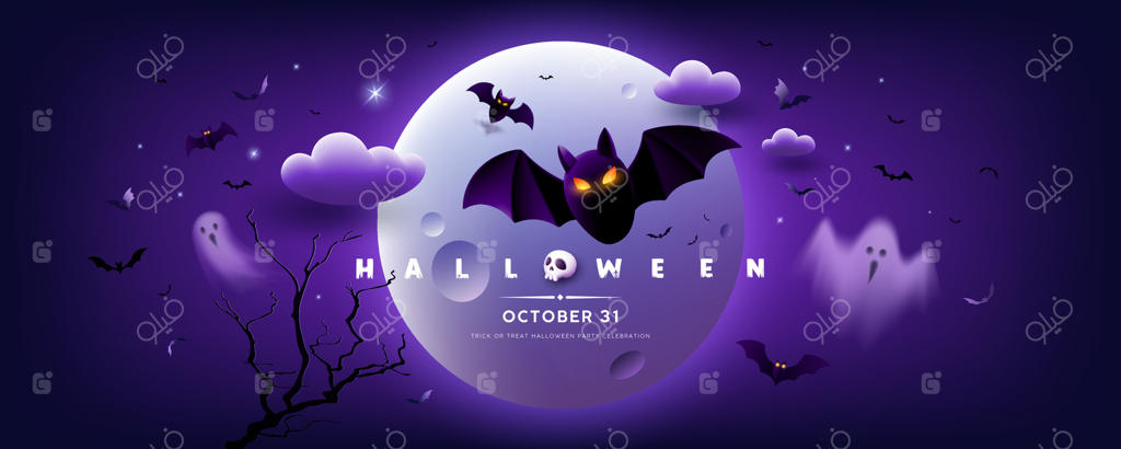 طراحی بنر هالووین شاد: خفاش در حال پرواز و روح زیر نور ماه کامل با پس‌زمینه‌ی بنفش