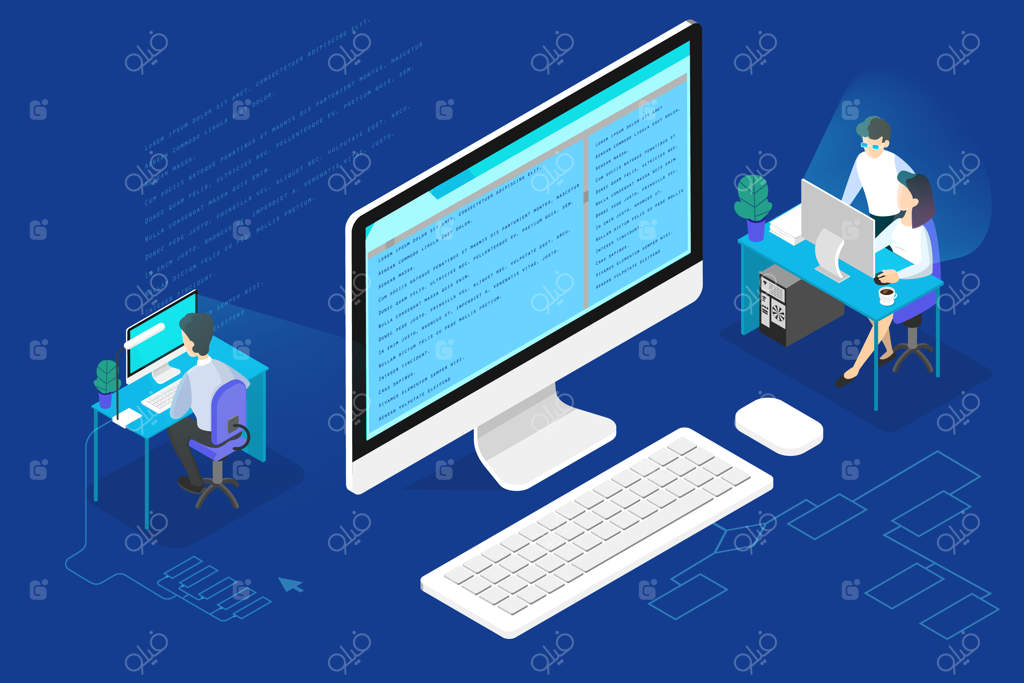 مفهوم برنامه‌نویس یا توسعه‌دهنده وب: کار با کامپیوتر، کدنویسی و برنامه‌نویسی نرم‌افزار. تصویر ایزومتریک