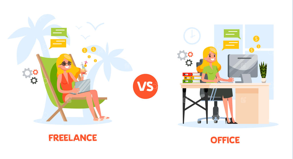 مقایسه کار فریلنسری و کار اداری: زن نشسته