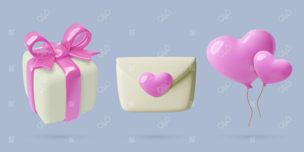 مجموعه آیکون‌های سه‌بعدی روز ولنتاین: جعبه هدیه با روبان صورتی، نامه عاشقانه و بادکنک‌های قلبی شکل برای مهمانی