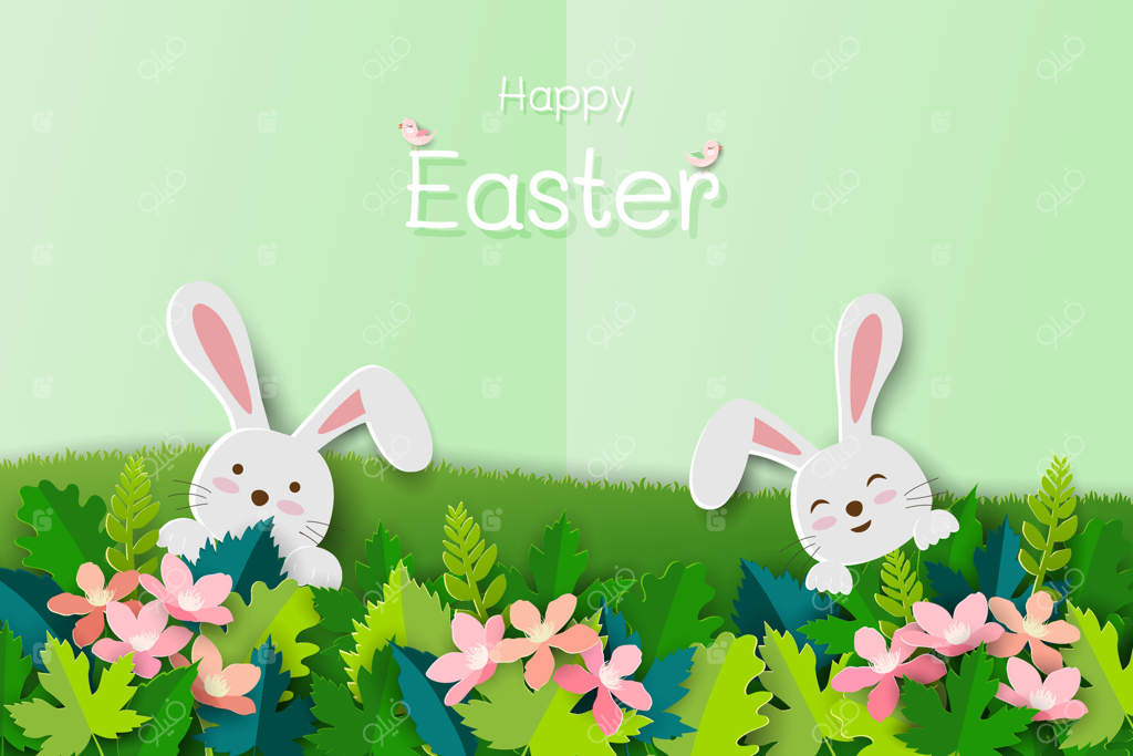 کارت تبریک روز عید پاک با خرگوش‌های بامزه در باغ زیبای کاغذی و هنری