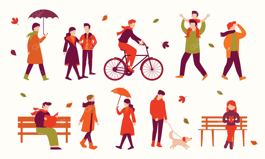 تصویرسازی دیجیتال از افراد مختلف مشغول فعالیت‌های پاییزی