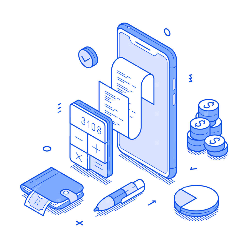 خرید آنلاین و پرداخت قبض با اپلیکیشن ساده بانکداری و رسید گوشی هوشمند به صورت ایزومتریک