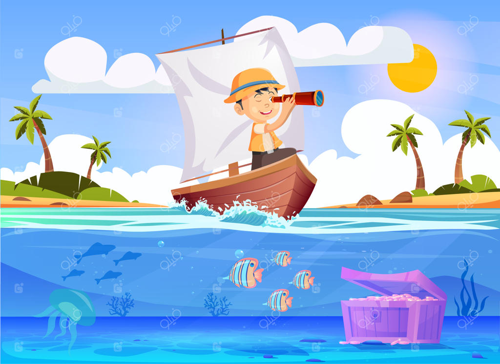 پسر کوچولوی ملوان با تلسکوپ روی قایق بادبانی در اقیانوس