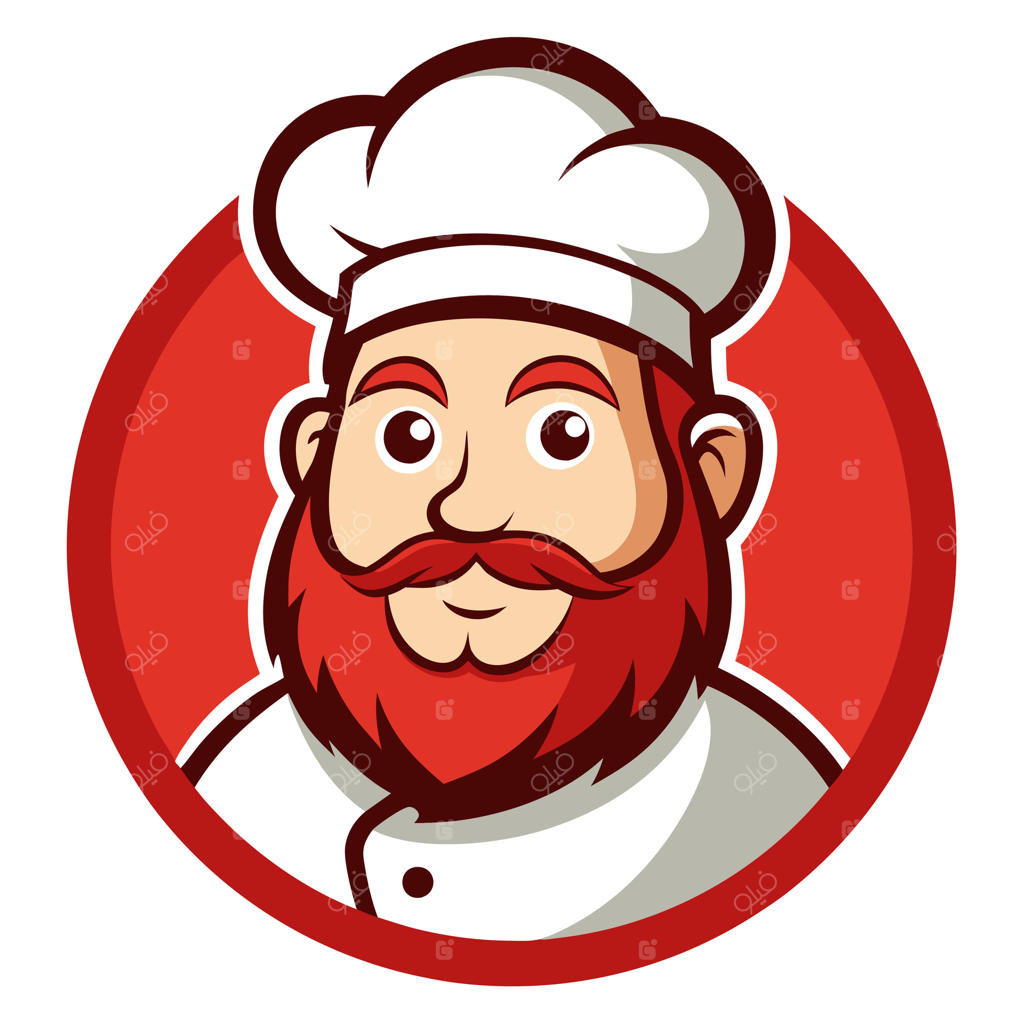 پرتره کارتونی سرآشپز با ریش قرمز و کلاه آشپزی در دایره قرمز برای لوگوی رستوران