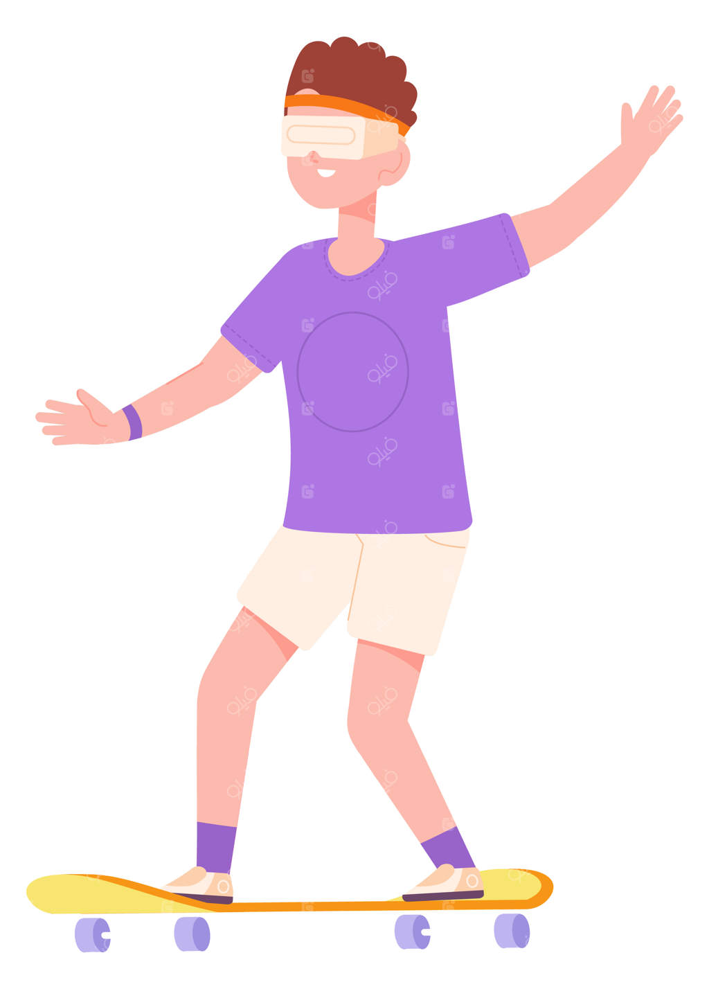 پسر با هدست واقعیت مجازی روی اسکیت‌بورد - کودک در دنیای واقعیت مجازی بازی می‌کند