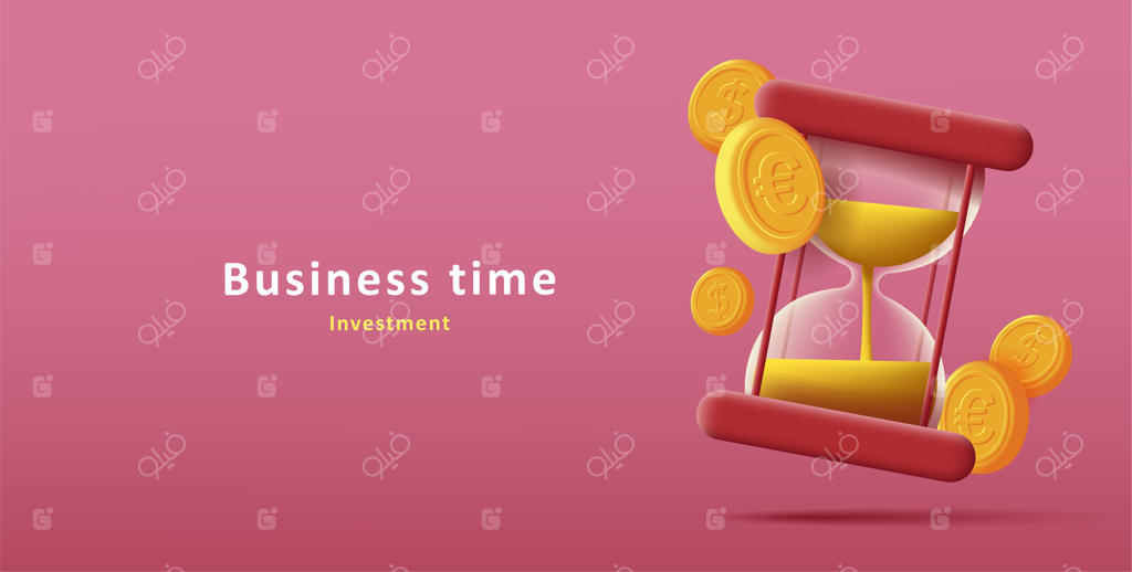 تصویر سه‌بعدی ساعت شنی شیشه‌ای با سکه‌های طلایی