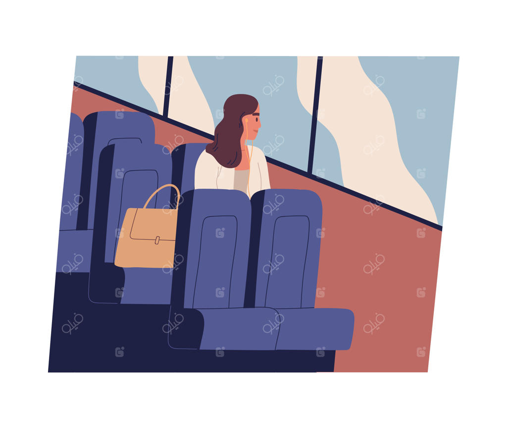 زن جوان در اتوبوس نشسته، به بیرون نگاه می‌کند و به موسیقی گوش می‌دهد. دختر بامزه در وسایل نقلیه عمومی. روزمرگی کارمند اداره. تصویرسازی وکتور به سبک کارتونی ساده.