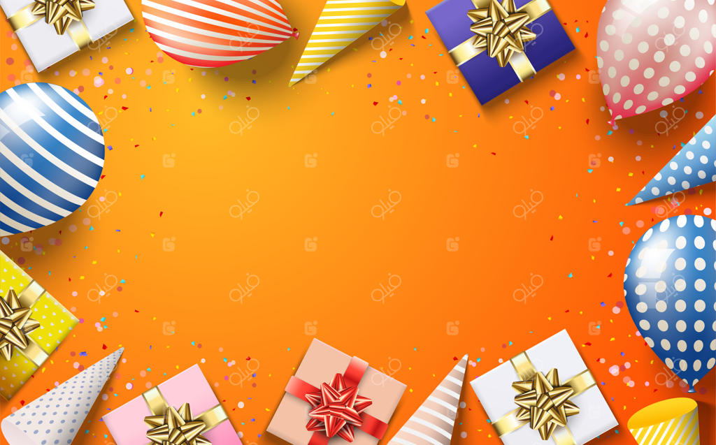 پس‌زمینه‌ی جشن با تصاویر رنگارنگ از کلاه‌های تولد سه‌بعدی، جعبه‌های هدیه و بادکنک‌ها