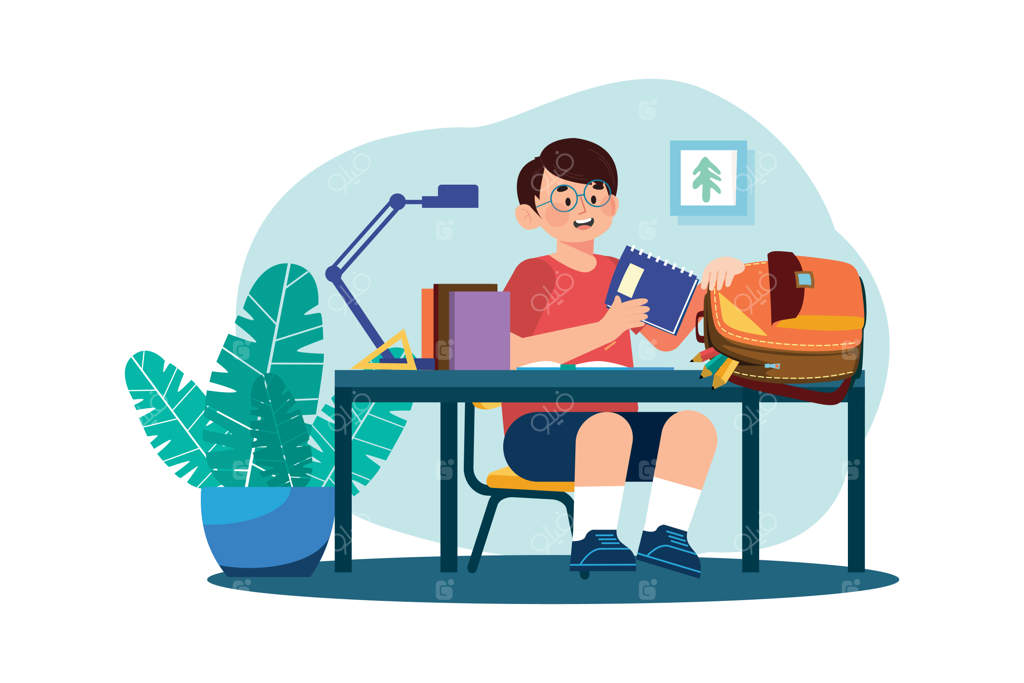 مفهوم تصویر: پسر در حال گذاشتن کتاب‌ها در کیف مدرسه روی زمینه سفید