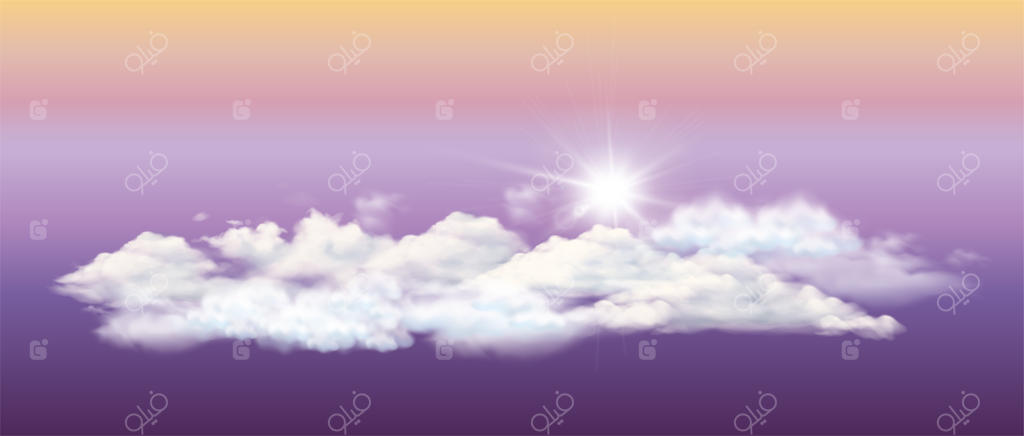 ابرهای سفید و خورشید، تصویرسازی سه‌بعدی منظره طبیعی با رنگ‌های جذاب آسمان، وکتور قابل ویرایش