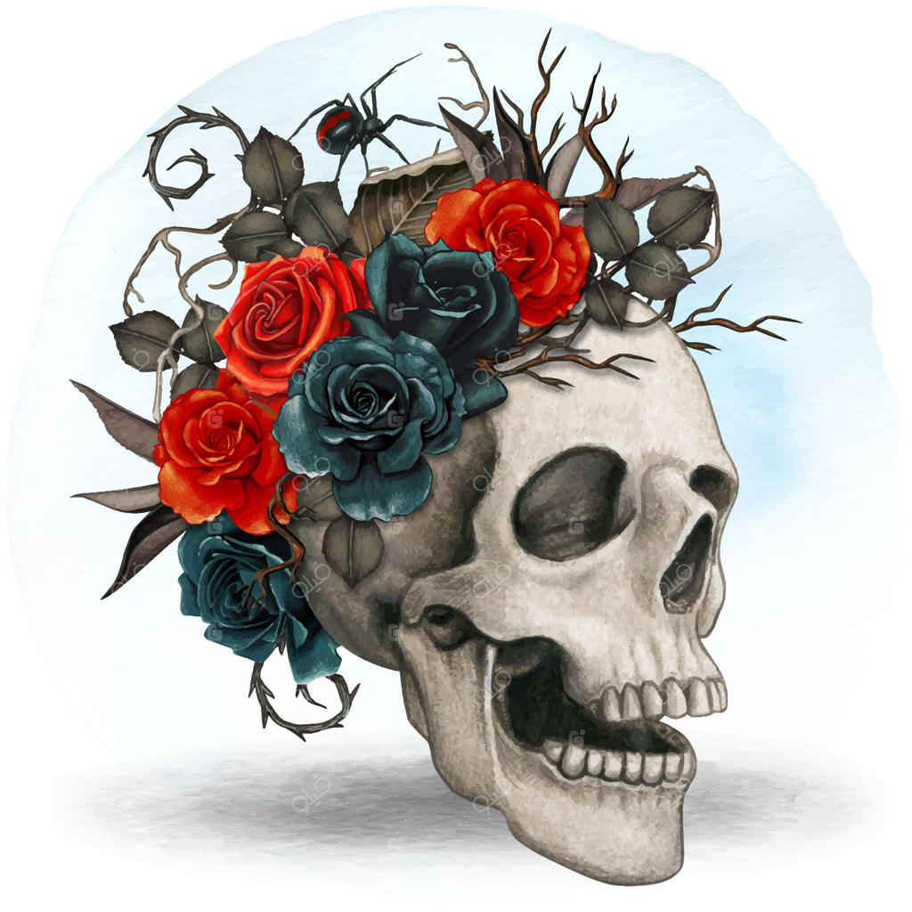 جمجمه هالووینی با تزیینات آبرنگ، گل‌های رز و برگ‌های خشکیده