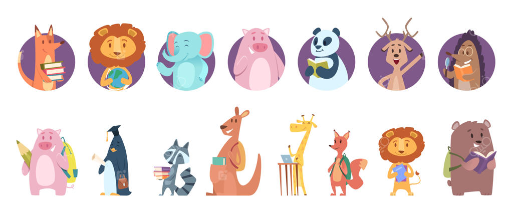 بازگشت به مدرسه: آواتارهای حیوانات وحشی در حال کتاب‌خوانی - شیر، خوک، زرافه و خرسکتاب‌خواندن شخصیت‌های بامزه وکتوری