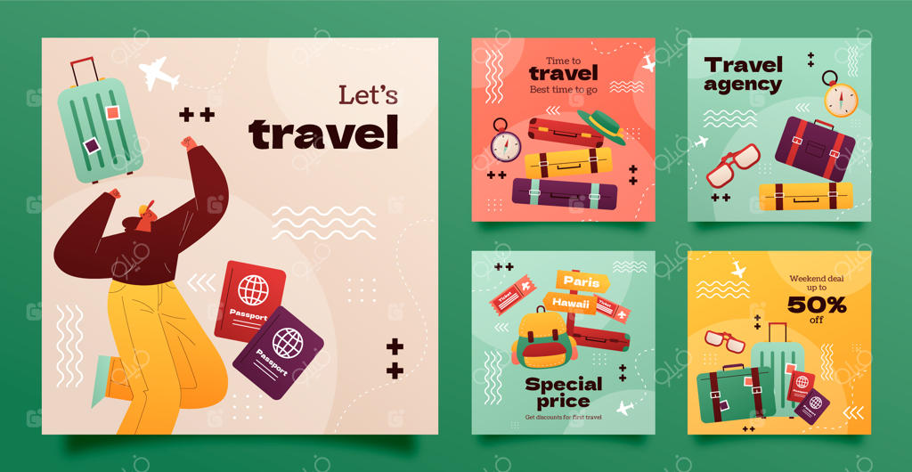 مجموعه پست‌های اینستاگرام با گرادیانت برای آژانس مسافرتی