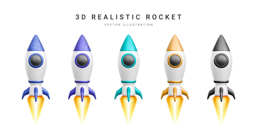 مجموعه موشک سه‌بعدی رنگارنگ - تصویرسازی وکتور واقعی از سفینه فضایی بر روی پس‌زمینه سفید