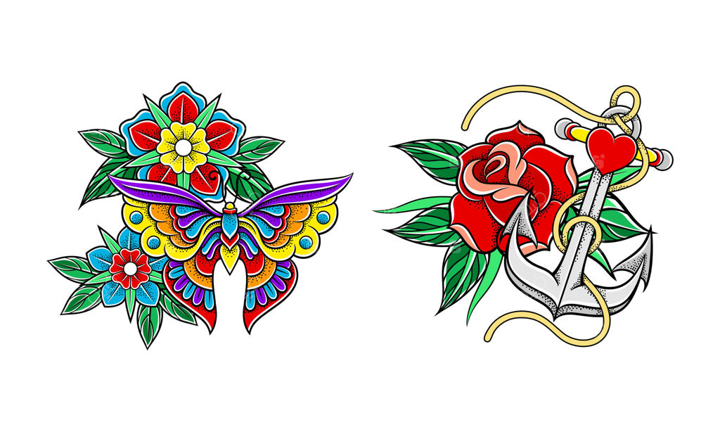 طرح‌های مدرسه قدیمی تتو: خالکوبی‌های گل، پروانه و لنگر در سبک سنتی وینتیج