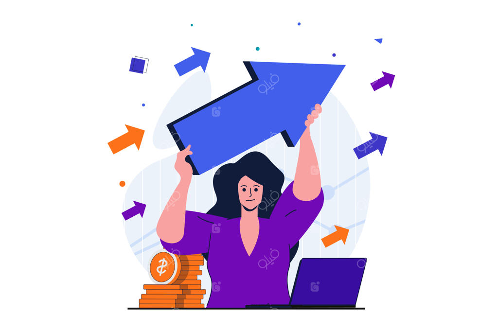 رشد کسب‌وکار: طرح مفهومی مدرن برای طراحی بنر وب - زن با پیکان در دست