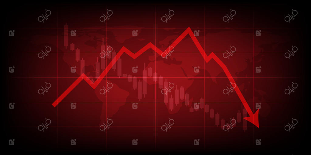 نمودار فلش قرمز سقوط قیمت با پس‌زمینه نقشه جهان. زیان مالی و بحران بورس.