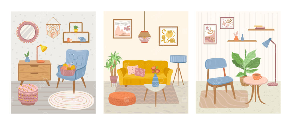 پوستر فضای داخلی اسکاندیناوی با حس هیگ، دسامبر: تصویر اتاق دنج اسکاندیناوی با وسایل بامزه و شمع روی میز، شامل بنر مدرن و آرامش‌بخش برای خانه