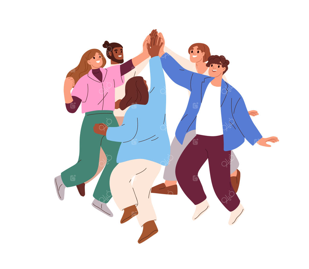 تیم خوشحال از موفقیت کسب‌وکار جشن می‌گیرد. همکاران و شرکا در دایره‌ای جمع شده و برای دستیابی به موفقیت دست‌به‌دست می‌دهند. مفهوم کار تیمی و اتحاد. تصویرسازی گرافیکی مسطح مجزا بر روی پس‌زمینه سفید.