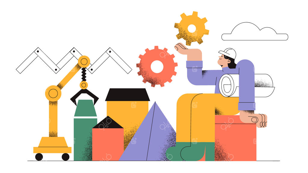 مفهوم ساخت و ساز و مهندسی با چرخ دنده‌ها و جرثقیل‌ها