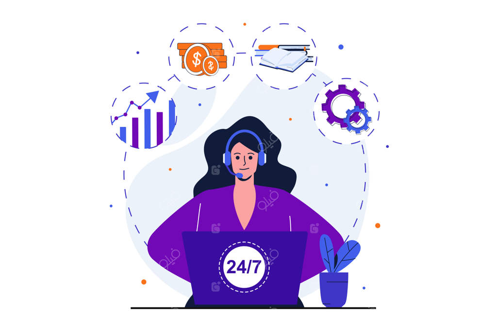 مفهوم مدرن خدمات مشتری برای طراحی بنر وب - زنی که داده‌ها را تحلیل کرده و به مشتریان مشاوره می‌دهد