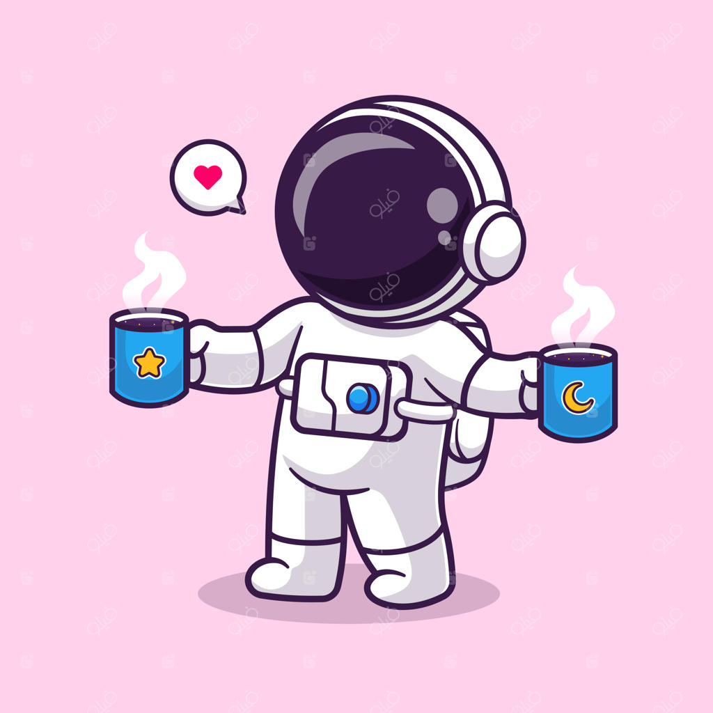 آیکون برداری بامزه فضانورد در حال نوشیدن قهوه در فضا - تصویر ایزوله و تخت از نوشیدنی علمی