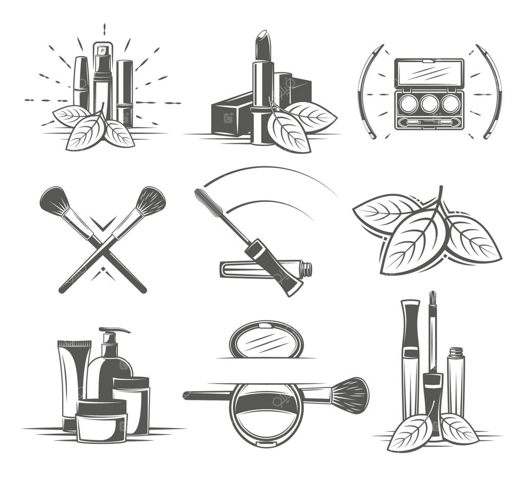 مجموعه عناصر لوازم آرایشی قدیمی بر روی پس‌زمینه سفید. طراحی لوگو