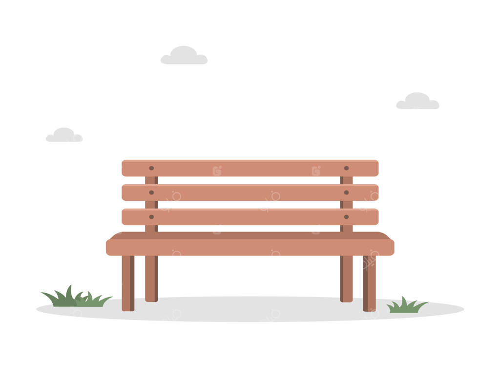 نیمکت چوبی جدا شده روی زمینه سفید: فضای استراحت در پارک یا باغ. تصویرسازی به سبک کارتونی و ساده.